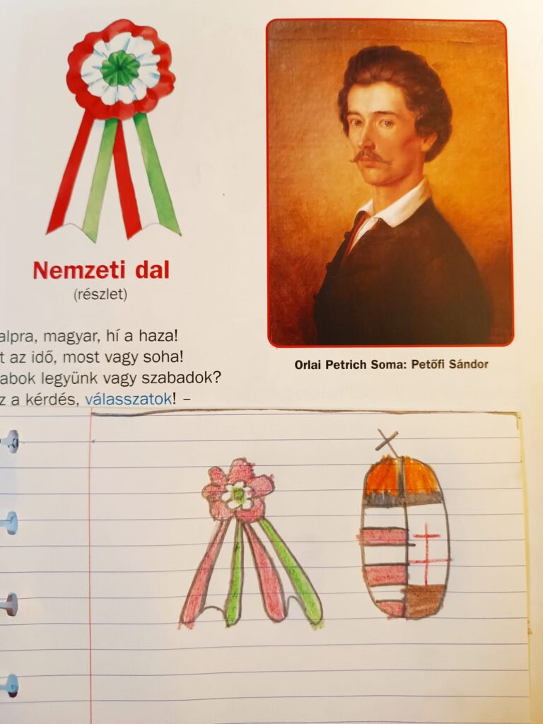 Gyerekrajz március 15.-re, kokárdával és magyar címerrel.
